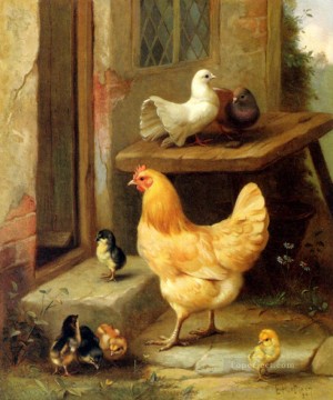 鶏のひよことハトの家禽家畜小屋 エドガー・ハント Oil Paintings